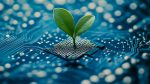 young green plant sprouts from a circuit board, symbolizing the fusion of technology and nature. This image conveys sustainability, innovation, and the future of eco-friendly technological advancement